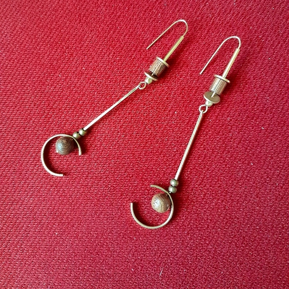 Hand Crafted Jewelry - Long C Curve Earrings - Wood on Brass